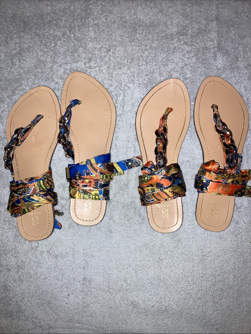 Star Scene Leather Sandals with Multicolor Patterned Scarf Straps